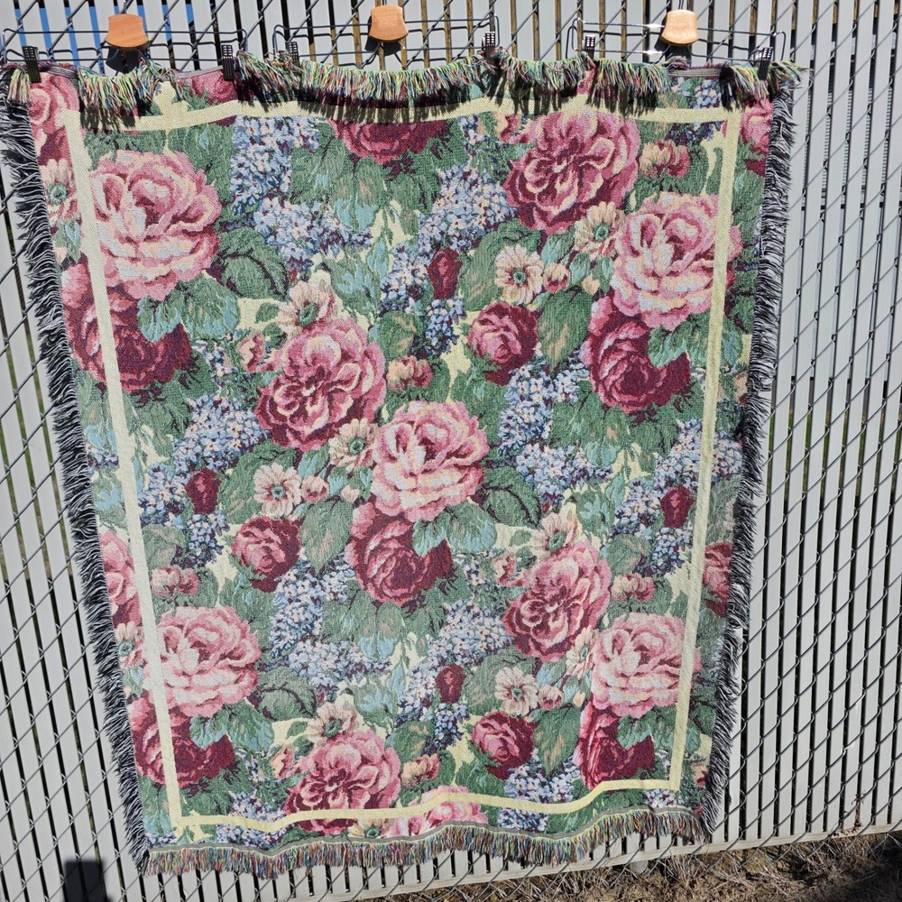 Woven Tapestry Throw Blanket Multicolor Floral Rose Fringed 48x55 Cottagecore